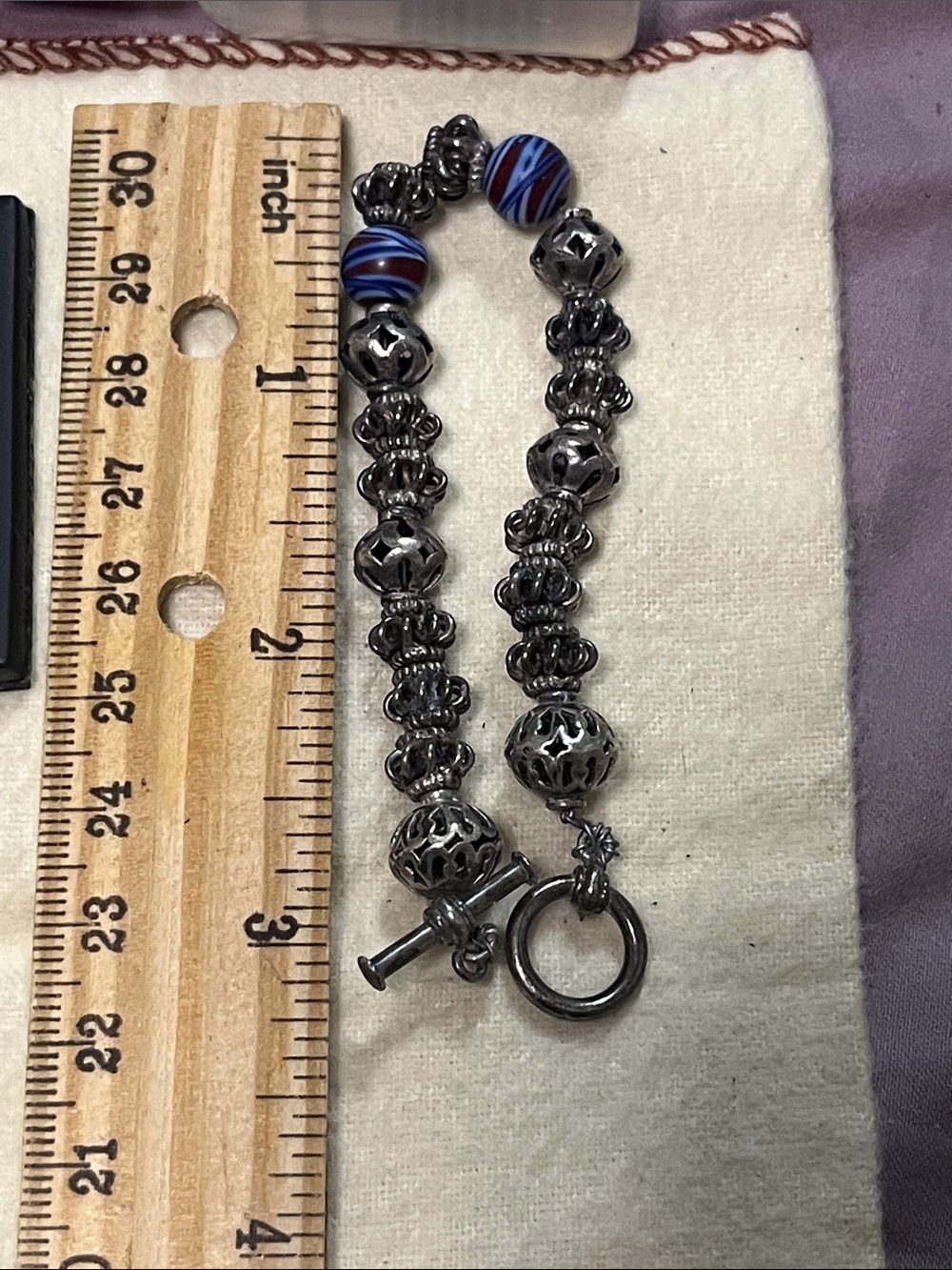 Blackened Silver-Tone Bead Bracelet with Blue Accent Beads
